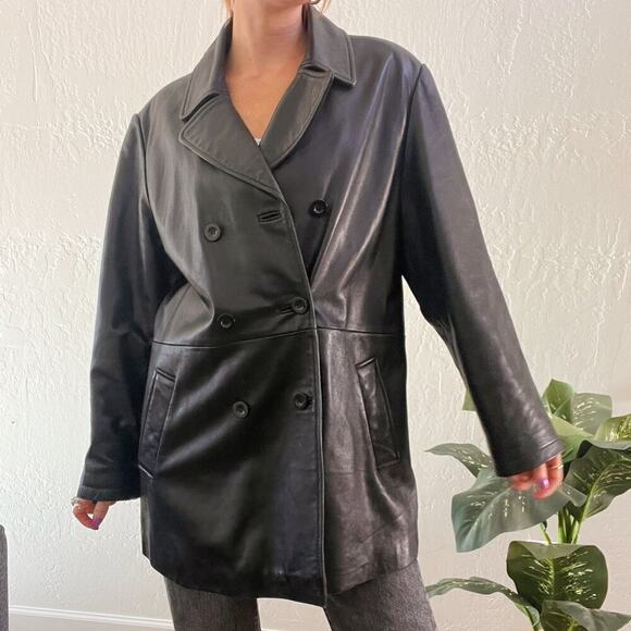 Vintage 1990's Black 100% Leather Double Breasted Button Up Blazer Jacket - Picture 3 of 7